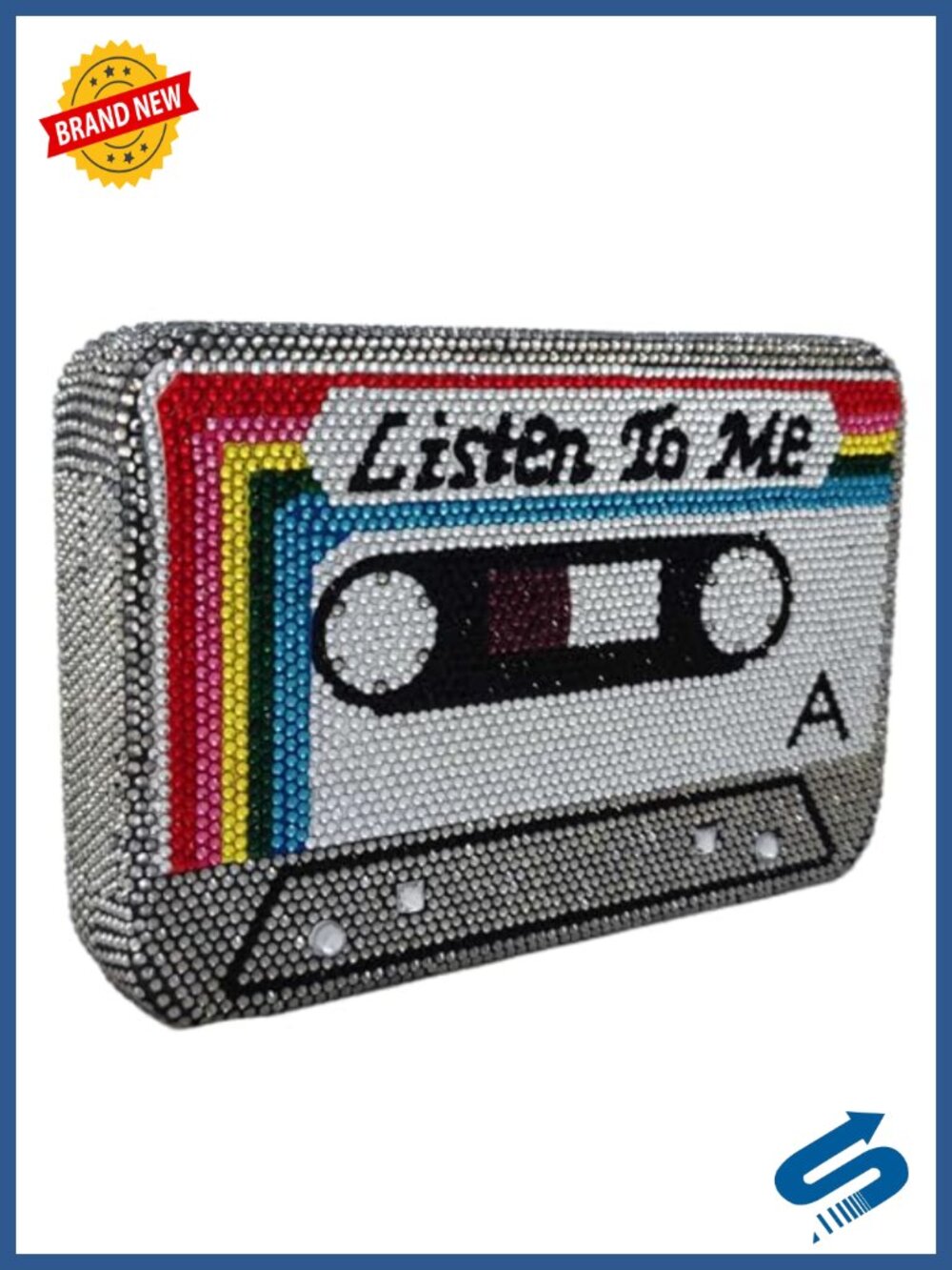 Crystal Rhinestone Cassette Tape Clutch Evening Bag Mini Metal Satin